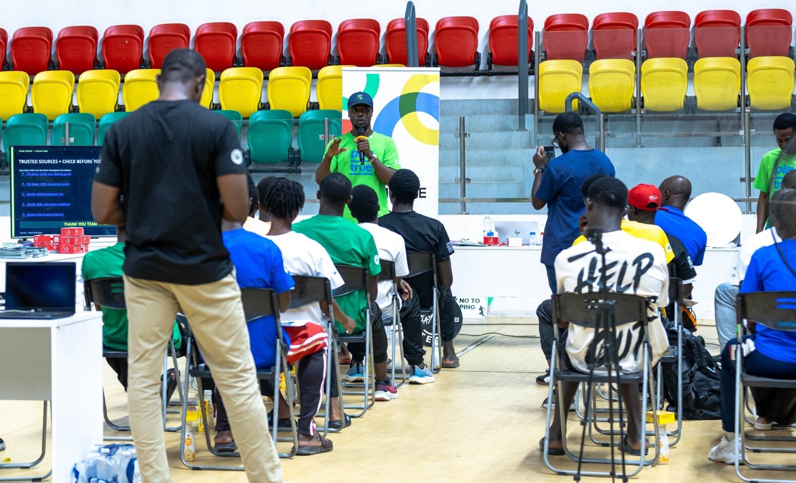Athletes and support personnel take part in a practical clean sport education workshop.